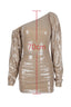 Product image of a sequined one-shoulder dress with a length measurement indicated.