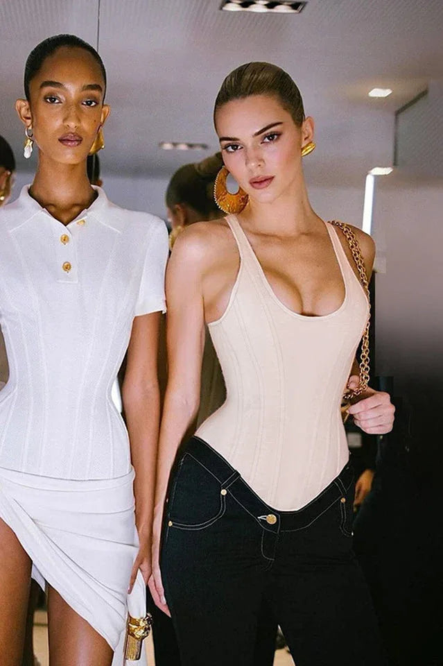 Beige Sculpting Corset Waist Tank Top - TEVQA