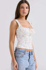 Chicca White Posy Print Top | Floral Hook-Front Tank & Tie Detail - TEVQA