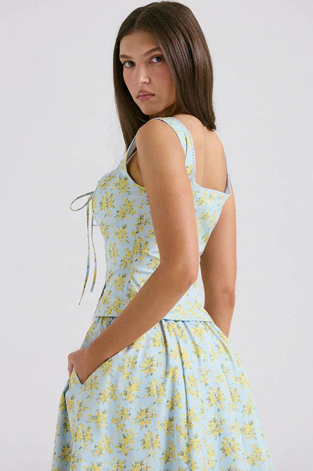 Vintage Floral Print Top + Skirt Set - TEVQA