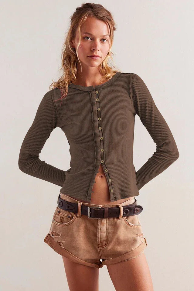 Vintage Rouge Ribbed Button-Front Long Sleeve Top - TEVQA