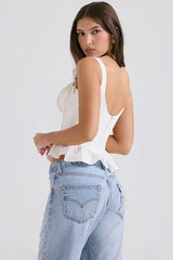 Gigou White Ruffled Cotton Corset Bra | Milkmaid Bow Crop Top & Bustier - TEVQA