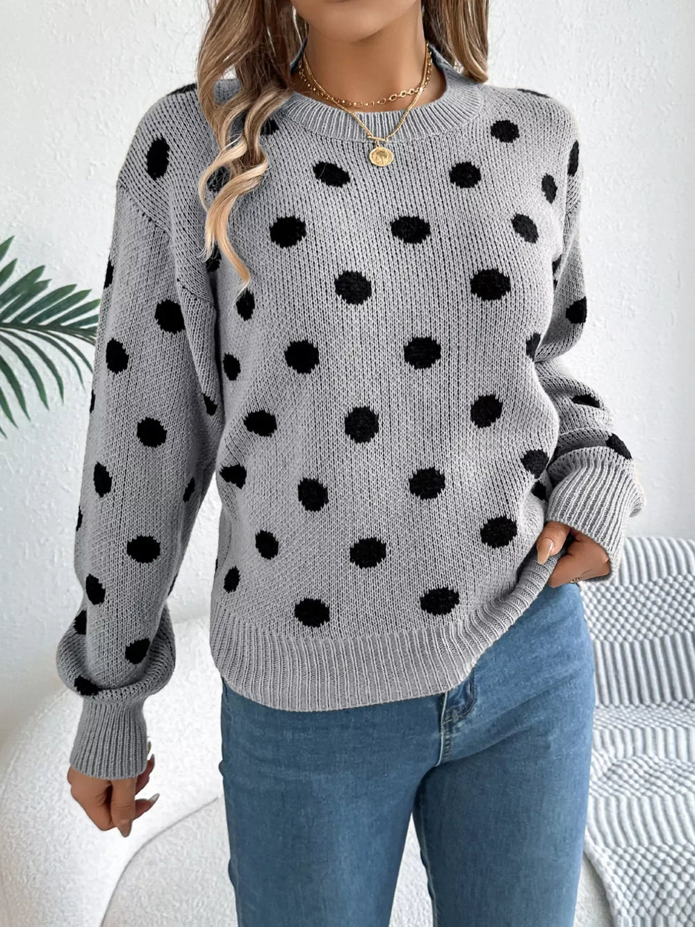 Camel Polka Dot Knit Sweater - View 13 | TEVQA