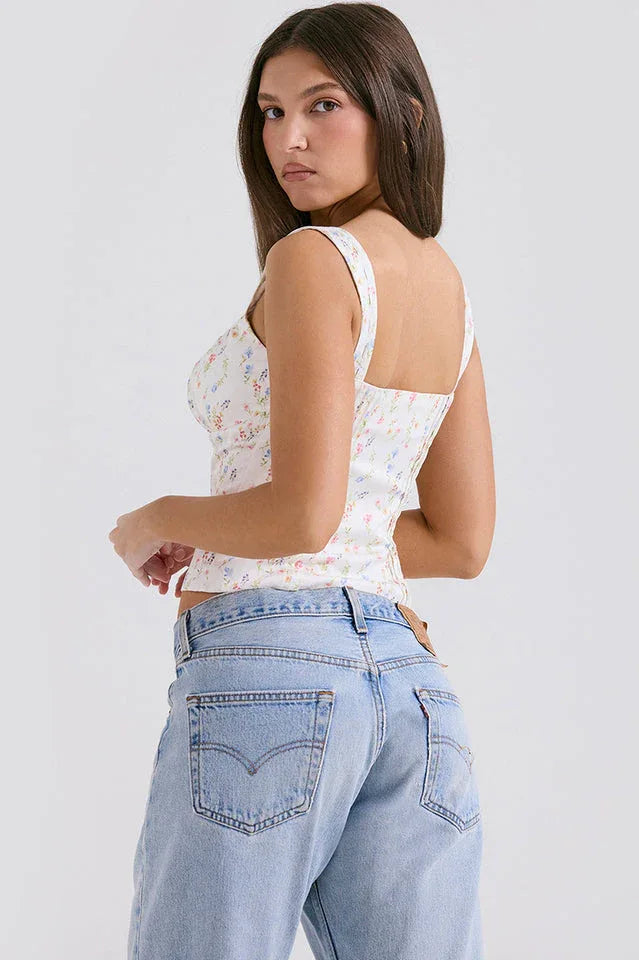 Chicca White Posy Print Top | Floral Hook-Front Tank & Tie Detail - TEVQA