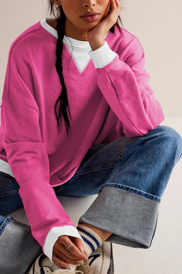 Comfy Chic Contrast Trim Oversized Sweatshirt - TEVQA
