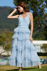 Tiered Tulle V-Neck Evening Dress in Mistyrose - View 9 | TEVQA