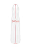 A white maxi dress with a halter neckline and ruched detailing, with a length measurement of 140cm indicated.