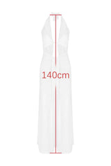 A white maxi dress with a halter neckline and ruched detailing, with a length measurement of 140cm indicated.