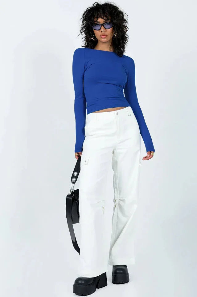 Ribbed knit long sleeve top with open back - View 21 | TEVQA
