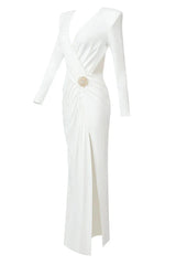 Long sleeve ruched dress with V-neckline and brooch - View 9 | TEVQA