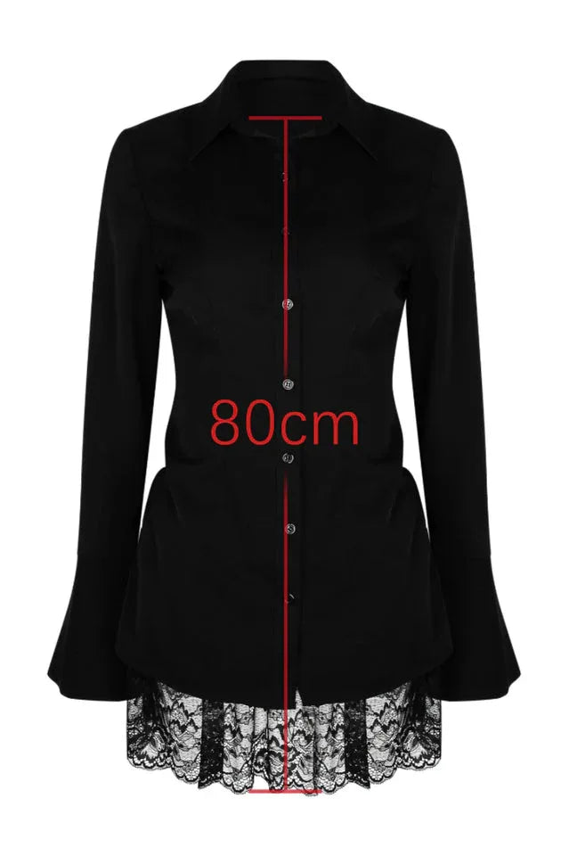 Black collared shirt with long sleeves, lace trim hem, and a zipper accent, with a measurement of 80cm indicated.