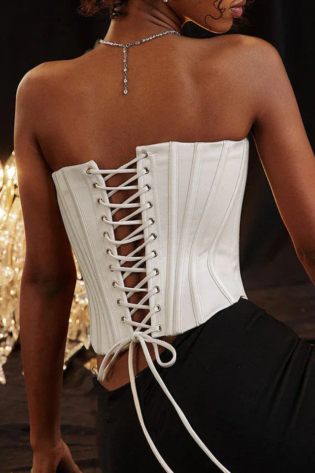 Genevieve Red Satin Lace-Up Corset Top - View 9 | TEVQA