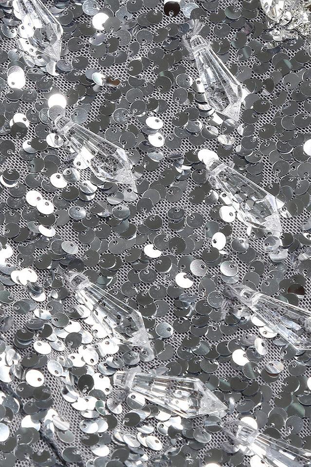 Silver sequin maxi dress with mock neck and fringe detail - View 11 | TEVQA