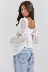 White chiffon puff sleeve square neck top - View 6 | TEVQA