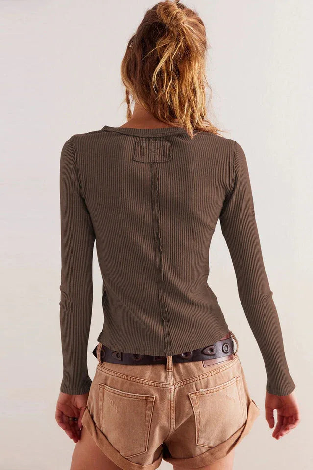 Vintage Rouge Ribbed Button-Front Long Sleeve Top - TEVQA