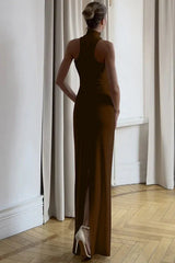 Floor length halter dress with gold trim - View 15 | TEVQA
