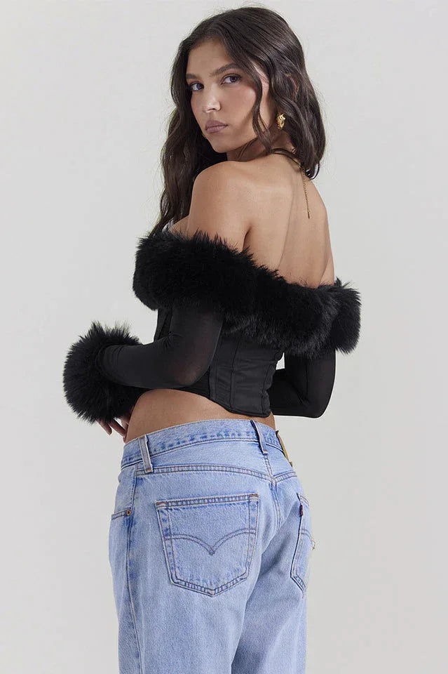 Ravenna Faux Fur Trim Corset Top | Black Off-Shoulder Mesh Long Sleeve Bustier - TEVQA