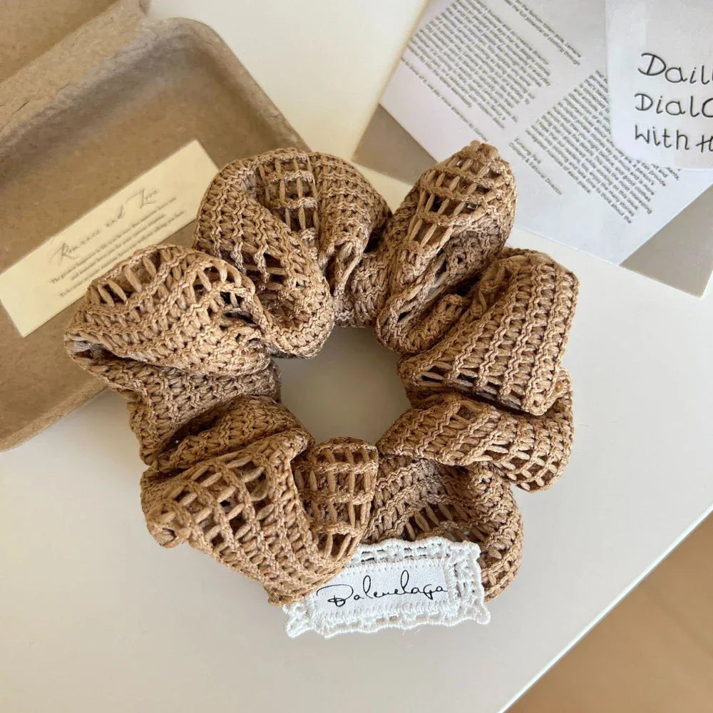 Oversized crochet knit scrunchie in neutral color - View 6 | TEVQA