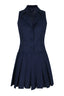 Navy blue sleeveless blazer vest and pleated skirt set on a white background.