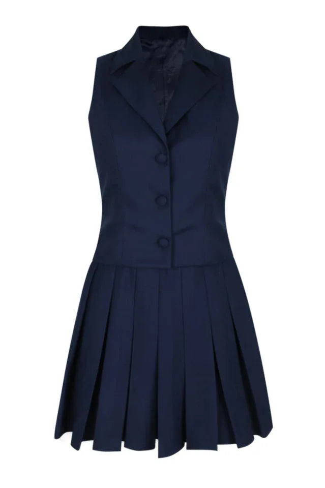 Navy blue sleeveless blazer vest and pleated skirt set on a white background.