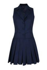 Navy blue sleeveless blazer vest and pleated skirt set on a white background.