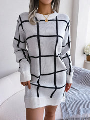 Green windowpane plaid knit sweater dress with crew neckline and long sleeves - View 8 | TEVQA