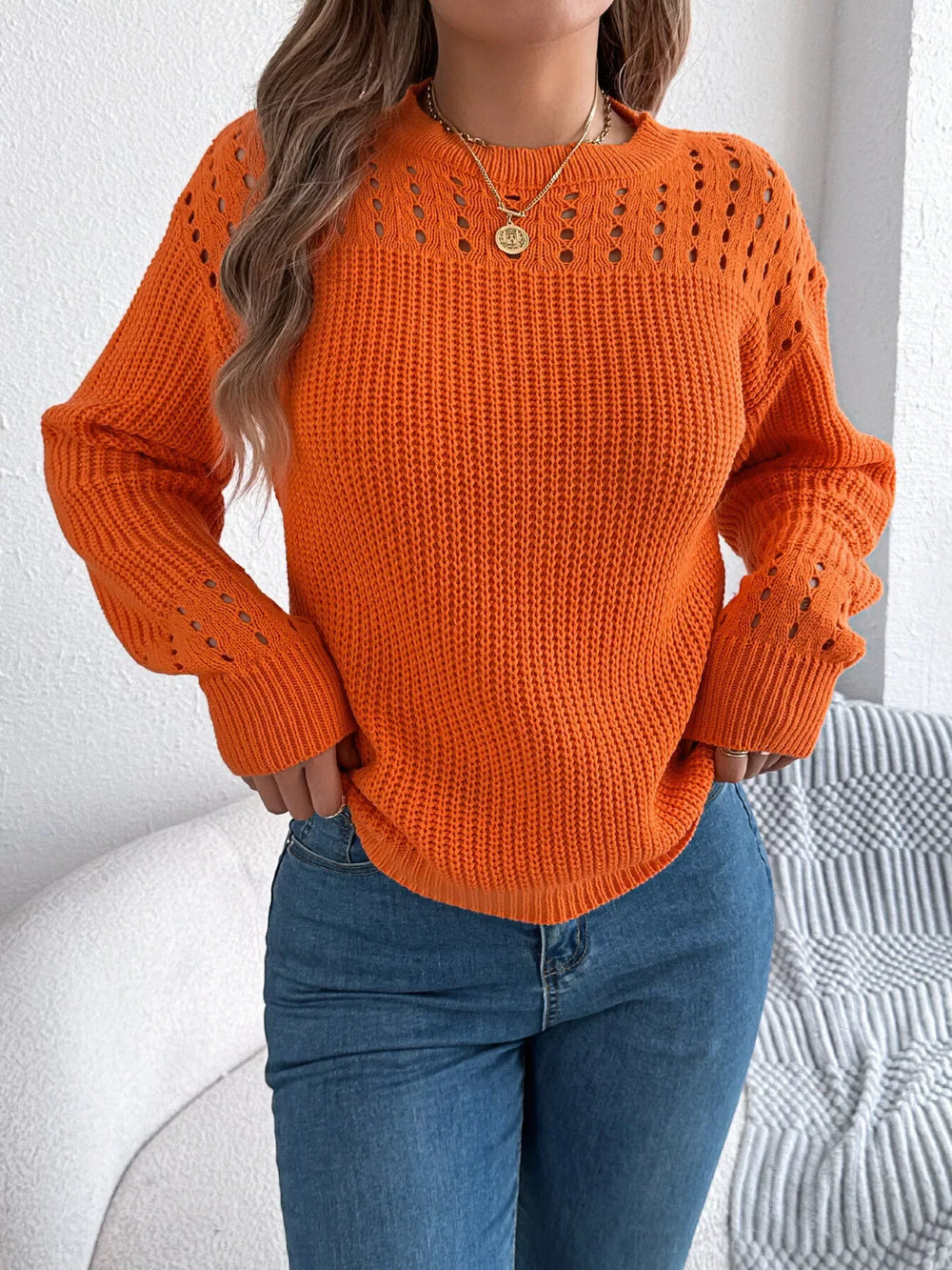Burgundy Pointelle Knit Lantern Sleeve Sweater - View 9 | TEVQA