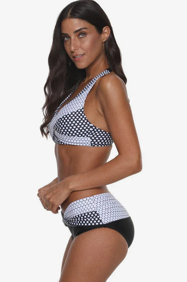 Plus size two-piece swimsuit with halter neck and high-waisted bottoms - View 24 | TEVQA