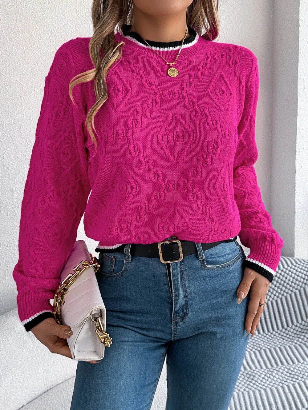 Khaki Textured Knit Sweater - TEVQA