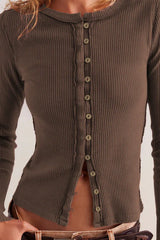 Vintage Rouge Ribbed Button-Front Long Sleeve Top - TEVQA