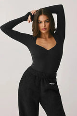 Cream Ribbed Sweetheart Neck Long Sleeve Top - TEVQA