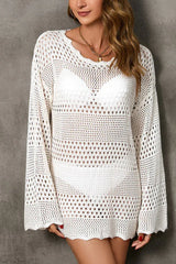 White Open-Knit Hollow Out Long Sleeve Beach Cover-Up - TEVQA