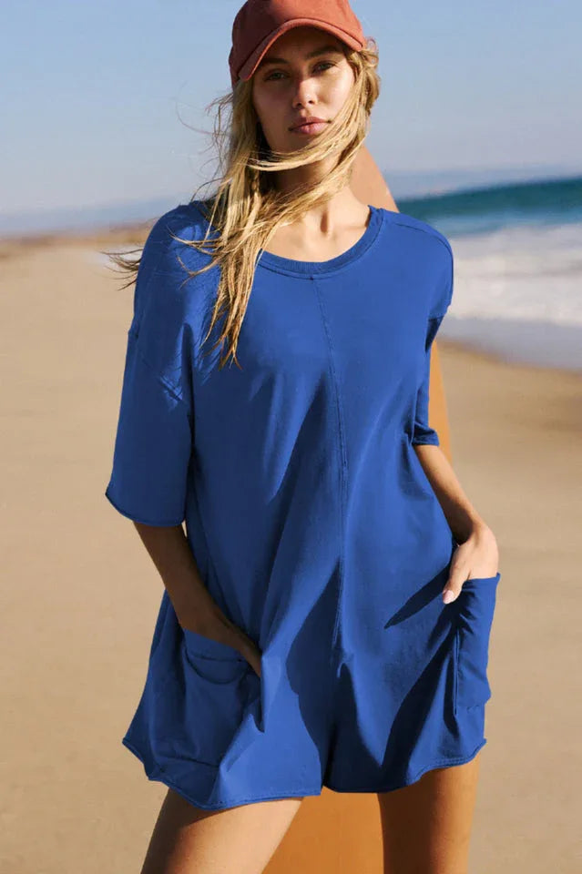 Oversized Crew Neck Romper with Open Back - View 21 | TEVQA