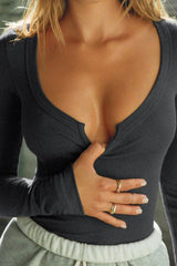White Notched Neck Ribbed Long Sleeve Top - TEVQA