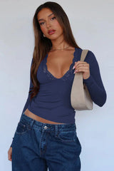 Lace Trim V-Neck Long Sleeve Top - View 17 | TEVQA