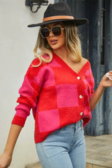 Checkerboard V-Neck Cardigan - View 10 | TEVQA