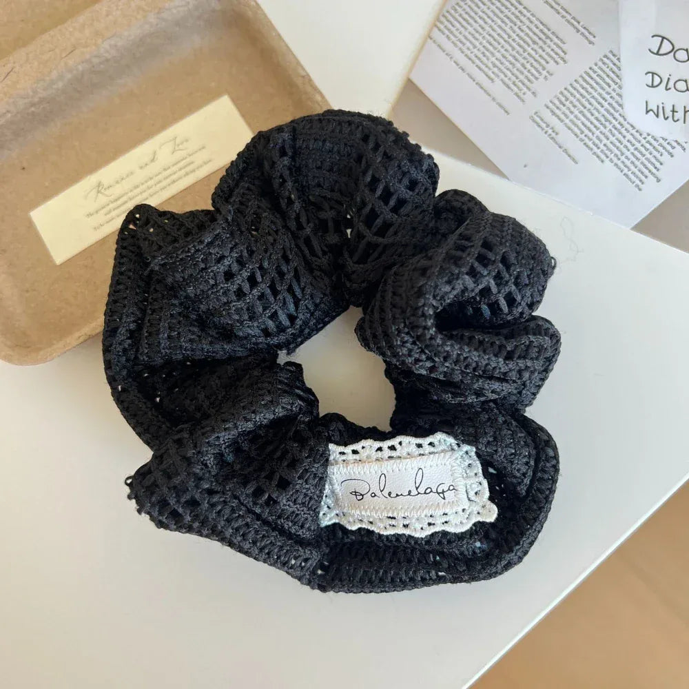 Oversized crochet knit scrunchie in neutral color - View 7 | TEVQA