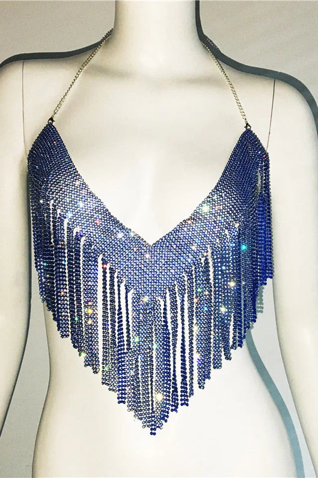 Sparkling Crystal Chainmail Crop Top - Backless Rhinestone Metal Mesh Cami - TEVQA