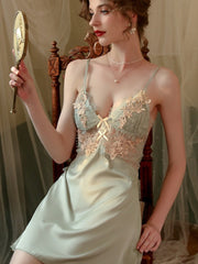 Sage Green Satin Lace Nightgown & Robe Set