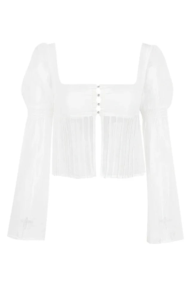 White chiffon puff sleeve square neck top - View 7 | TEVQA