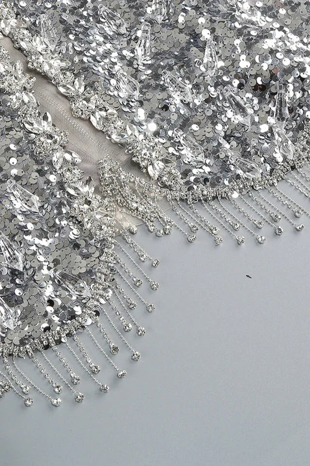 Silver sequin maxi dress with mock neck and fringe detail - View 12 | TEVQA