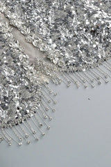 Silver sequin maxi dress with mock neck and fringe detail - View 12 | TEVQA