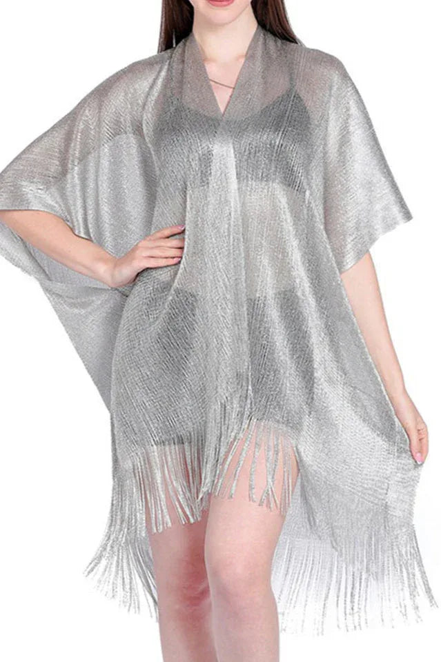 Metallic knit kimono cover up with fringe detail - View 12 | TEVQA