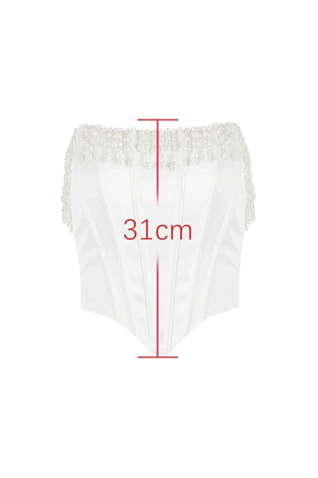 Aubrie Vintage Pearl Fringe Corset Top in cream satin - View 6 | TEVQA