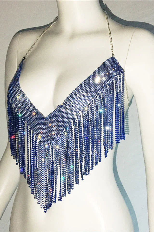Sparkling Crystal Chainmail Crop Top - Backless Rhinestone Metal Mesh Cami - TEVQA
