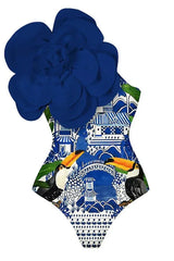 One shoulder swimsuit with tropical print and floral applique, paired with a matching skirt. - View 22 | TEVQA