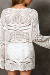 White Open-Knit Hollow Out Long Sleeve Beach Cover-Up - TEVQA