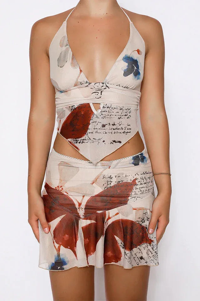 Floral print halter neck crop top and skirt set - View 8 | TEVQA