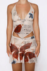 Floral print halter neck crop top and skirt set - View 8 | TEVQA