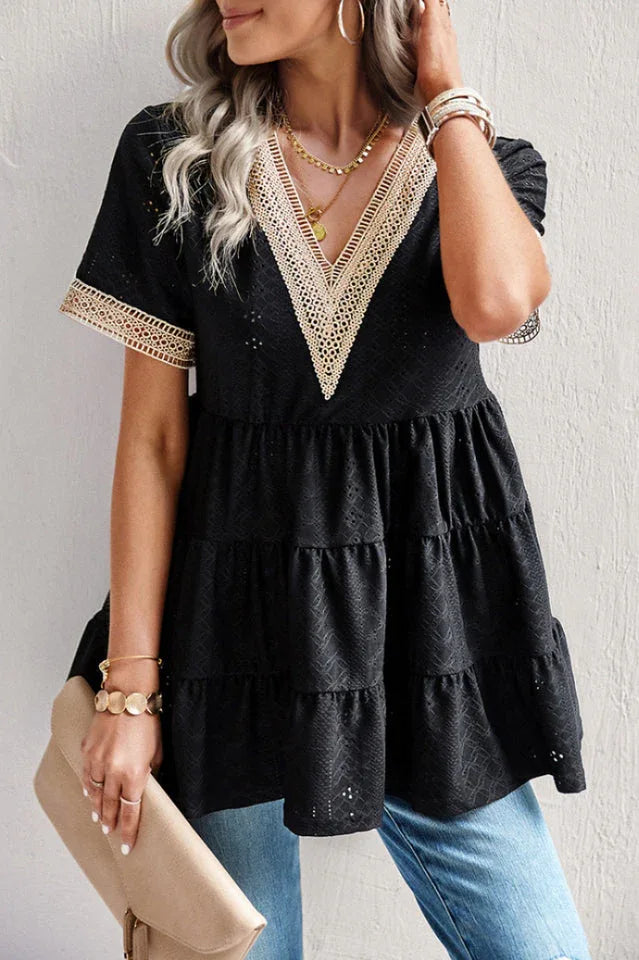 White Eyelet Embroidery V-Neck Blouse - TEVQA